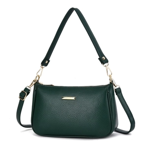 Minimalist dark green lychee leather crossbody bag with adjustable strap and gold hardware