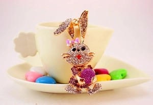 Detailed view of a golden bunny keychain adorned with sparkling rhinestones and pink bow