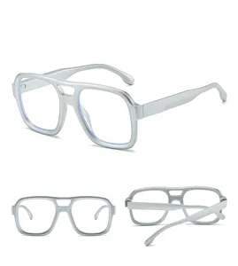 Three-view display of vintage silver square aviator sunglasses with double bridge