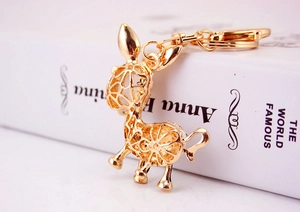Detailed close-up of hollowed-out golden donkey keychain with floral patterns