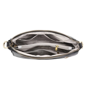 Top view of black crossbody bag interior with gray herringbone lining and compartments