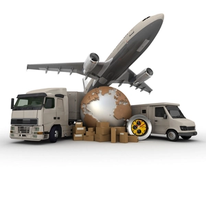 3D logistics concept featuring a cargo plane, delivery truck, globe, and clock on white
