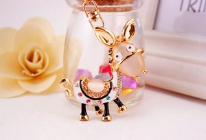 Detailed view of donkey keychain with colorful rhinestones and cat eye gems