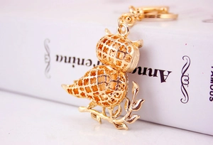 Macro shot of owl keychain with hollow clover pattern leaning on a white book