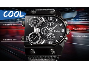 Oulm multi-timezone watch with black leather strap and industrial case detail
