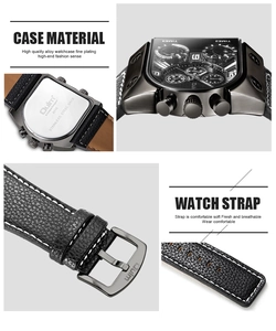 Detailed four-angle macro of Oulm multi-timezone watch with black leather strap
