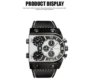 Detail view of Oulm multi-timezone watch dial with leather strap and industrial screws