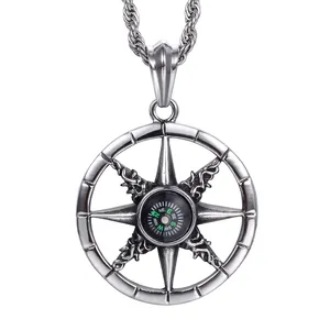 Compass Pendant Necklace Functional Rudder Compass Stainless Steel Punk Vintage Nautical Jewelry For Men Women