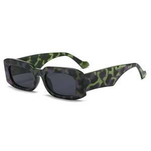 Fashionable rectangle sunglasses with purple and green camouflage pattern and dark grey lenses