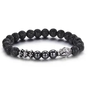 Buddha Head Beaded Bracelet Stainless Steel Natural Lava Stone Hematite Retro Zen Jewelry For Men