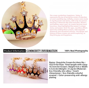 Detailed size specifications for rhinestone crown keychains in black, red, and purple colors