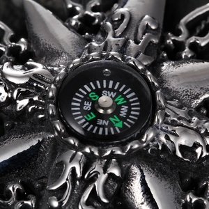 Retro stainless steel compass pendant necklace with detailed vintage embossed textures