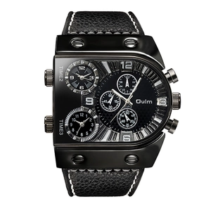 Oulm Men Quartz Watch Large Dial Multi Time Zone Industrial Punk Style Faux Leather Strap Casual Wristwatch