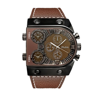 Macro view of Oulm men's watch featuring brown dial and three independent time zones