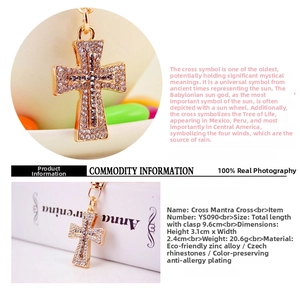 Detailed view of crystal cross keychain with size measurements and zinc alloy material