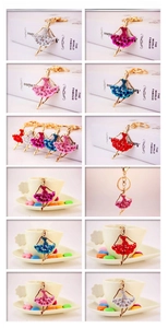 Detail shot of ballerina keychain showing rhinestone embellishments and multiple colors