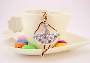 Detail of ballet dancer keychain with sparkling crystals and white enamel finish