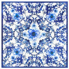 Detail of square silk scarf featuring vintage blue and white floral patterns on white background