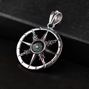 Punk style silver compass pendant necklace with hollow star and flame pattern for men and women