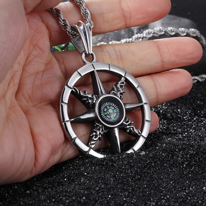 Silver punk compass pendant necklace with detailed direction markers and twist chain