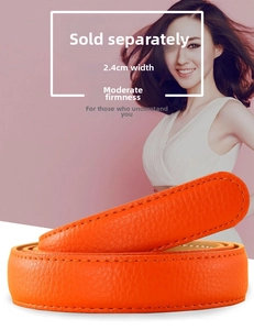 Close-up of orange litchi grain cowhide leather belt strap 2.4cm width without buckle
