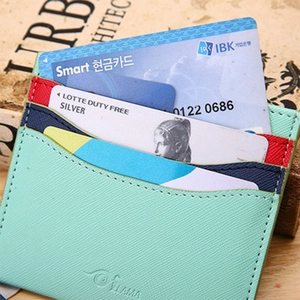 Slim mint green saffiano leather card holder wallet with multiple slots and contrast stitching