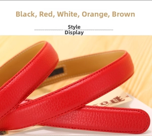 Close-up of red litchi grain cowhide leather belt with stitching on wooden surface