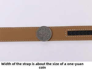 Detail of 2.5cm brown leather belt strap with white stitching and automatic track