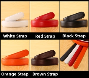 Detail of multi-color lychee pattern leather belt straps with double-stitched edges