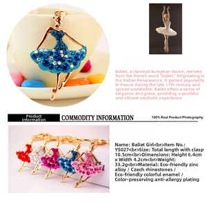 Detail of rhinestone ballet girl keychain showing enamel finish and alloy textures