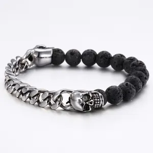 Skull Lava Stone Beaded Bracelet Stainless Steel Cuban Chain Punk Gothic Rock Jewelry For Men And Women