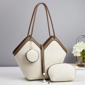 Ensemble de sacs cabas 3 pièces blanc cassé avec texture en relief et détails dorés