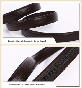 Detail of dark brown leather belt with double stitching and precision dual-track ratchet