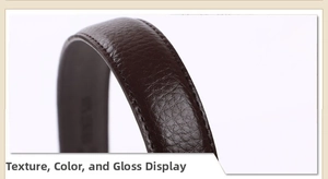 Macro detail of dark brown cowhide leather belt showing lychee texture and stitching