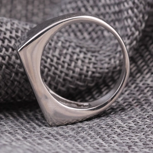 Minimalist silver rectangle polished stainless steel wide ring shown from a side view angle