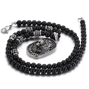 Lion Head Pendant Beaded Necklace Stainless Steel Glass Beads Punk Hip Hop Ethnic Style For Men Women Retro Jewelry