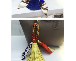 Dettaglio di ciondoli per borsa con nappa in seta blu e gialla su una borsa grigia