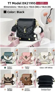 Detail view of the bag interior and multi-color options including the plush pendant
