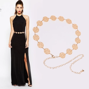 Women Fashion Metal Waist Chain Belt Hollow Round Circle Decorative Adjustable Dress Accessory Stylish Jewelry Gift