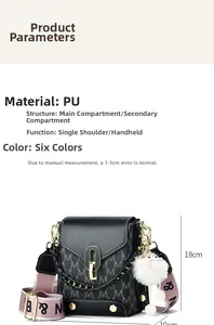 Detailed parameter view of black PU crossbody bag with M pattern and pink textile strap