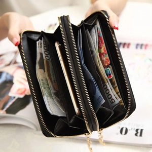 Portafoglio lungo da donna nero con doppia zip e scomparto per cellulare e carte