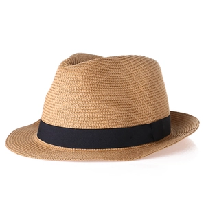Chapeau Fedora classique en paille tressée marron clair avec ruban noir pour hommes et femmes