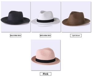 Collage de chapeaux de paille tissés en noir, blanc, café clair et rose avec ruban