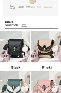 Detail of four color options of cross-body bags with PU leather and metal rotary lock