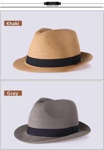 Détail des chapeaux de paille jazz kaki et gris avec des rubans en gros-grain noirs