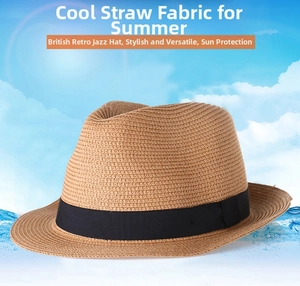 Détail du chapeau de jazz en paille respirante avec ruban noir et couronne de fedora