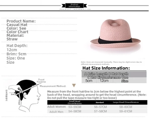 Guide des tailles pour chapeau de paille avec profondeur 12cm et bord 5cm et mesures