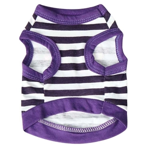 Detailed close-up of striped purple and white dog vest in soft knitted cotton fabric