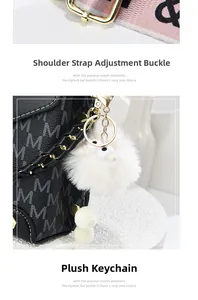 Detail of adjustable gold buckle on fabric strap and textured M pattern crossbody bag