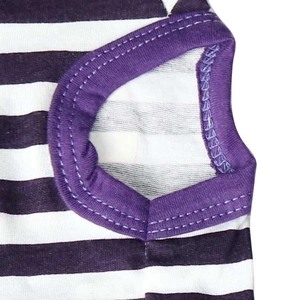 Detail of purple ribbed neckline and double-stitch craftsmanship on striped pet vest